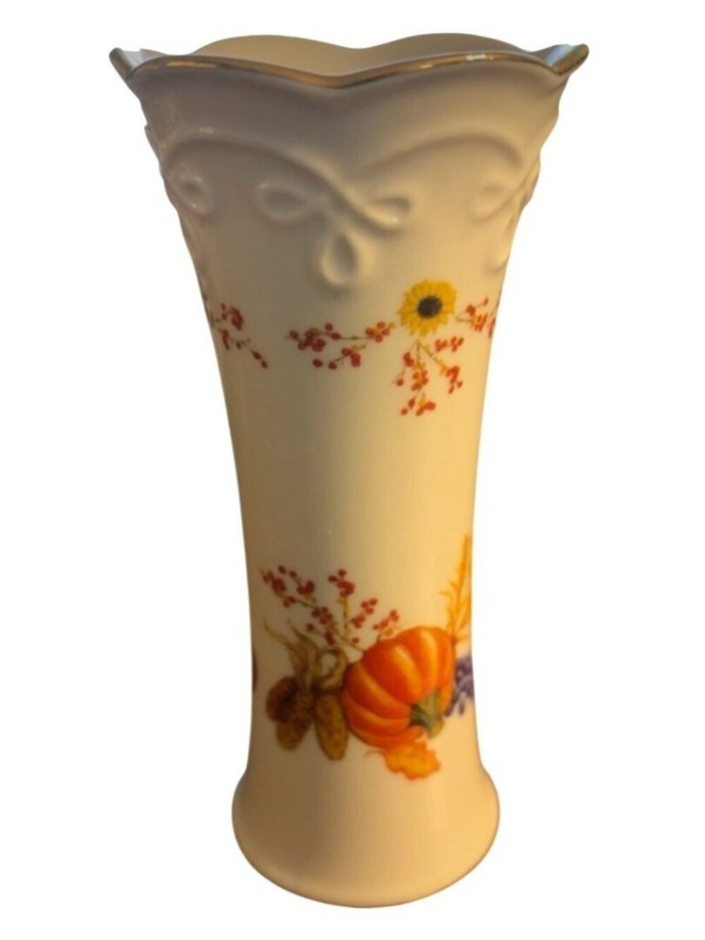 Vintage Lenox Fall Harvest Design Bud Vase 5" Gold Trim Pumpkin Sunflower China - Picture 10 of 16